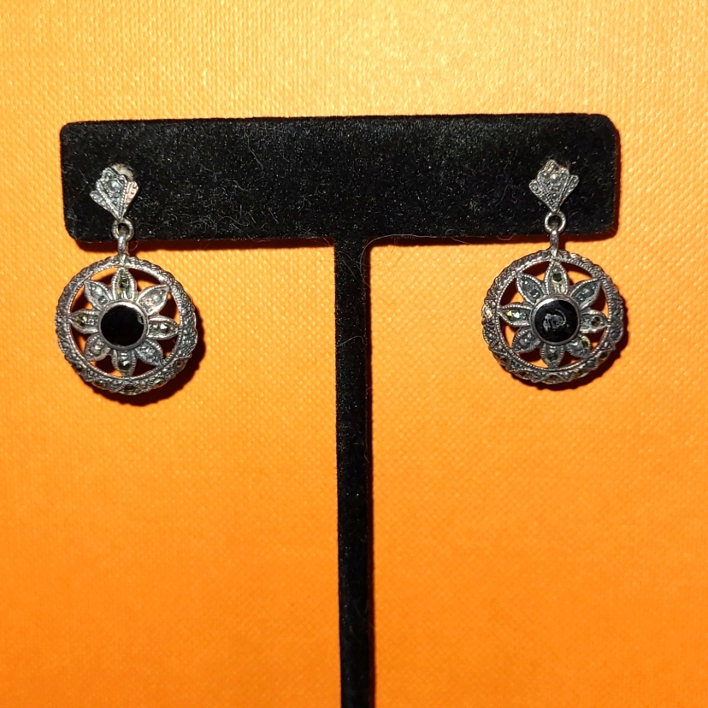 Sterling silver onyx and marcasite earrings